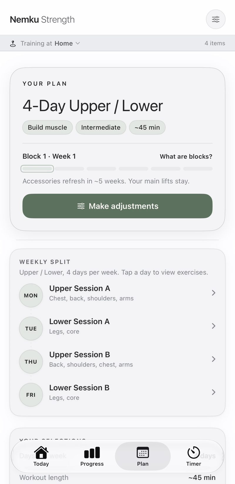 The Plan tab showing a 4-Day Upper / Lower program tagged Build muscle, Intermediate, about 45 minutes. It is training at Home, in Block 1 Week 1, with the weekly split listed as Upper Session A on Monday, Lower Session A on Tuesday, Upper Session B on Thursday, and Lower Session B on Friday.
