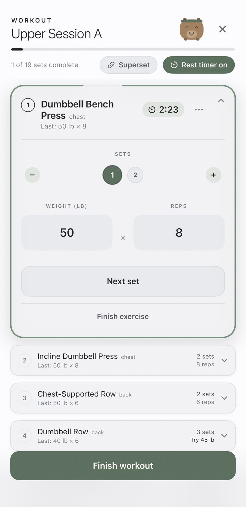 The same screen one set later. One of nineteen sets complete, the progress bar has advanced, and a rest timer on the exercise card counts down from two minutes twenty-three seconds.