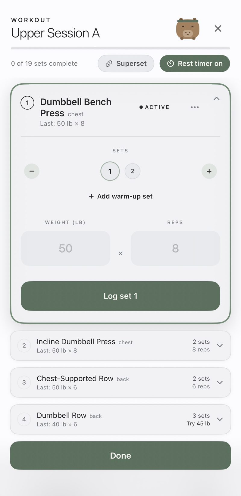 The workout player during Upper Session A. Zero of nineteen sets complete. The active card shows Dumbbell Bench Press, last done at 50 pounds for 8 reps, with 50 and 8 filled in and a Log set 1 button.